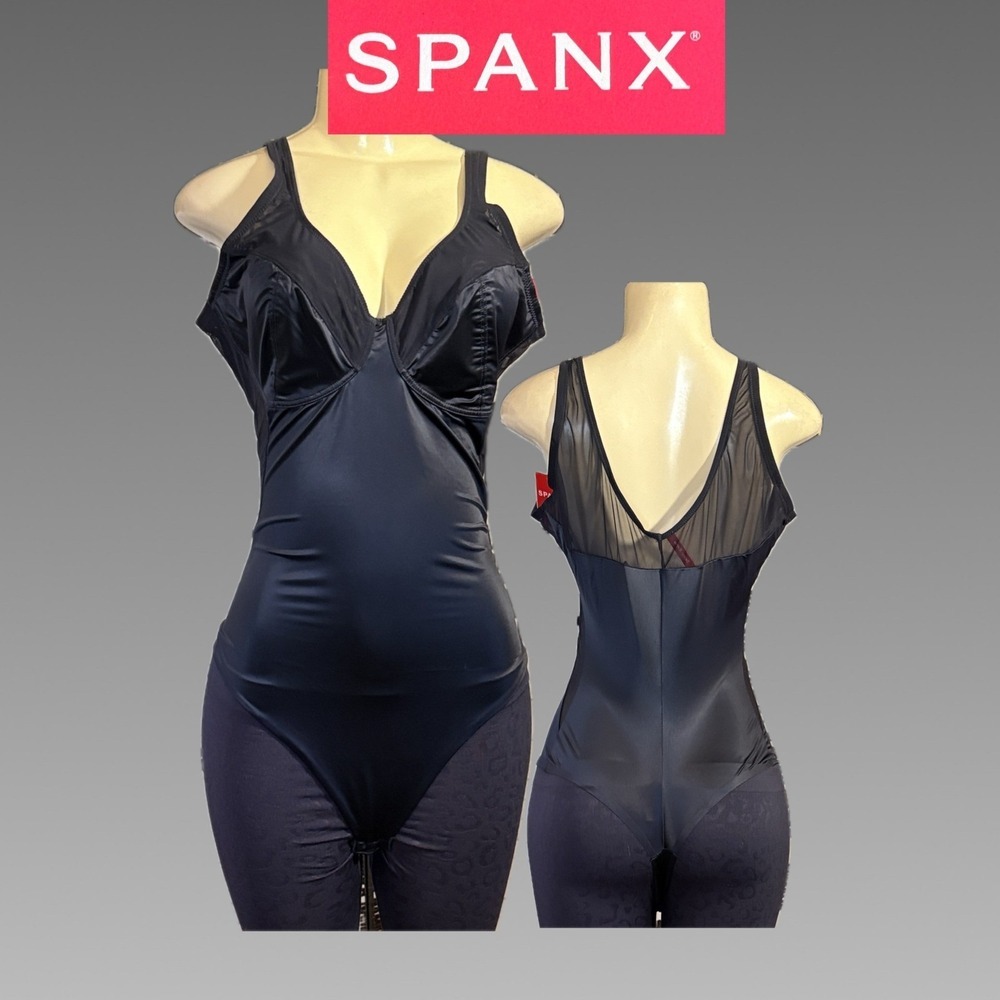 Spanx 3X Black Satin Thong Bodysuit Liquid Stretch V-Neck Mesh Panels Shapewear